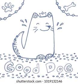 Hand drawn doodle sitting cute dog icon Pets stuff and supply concept Vector illustration. Vet symbol. Cartoon dog care, leash, paw, bone, tail. Funny character Goods for pet shop