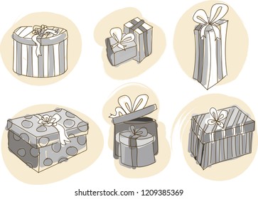 Hand drawn doodle of six wrapped presents retro colouring