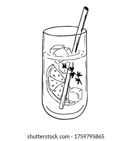 Hand drawn doodle sketch of alcoholic cocktails. Vector illustration of cocktail with lime. Design for decorating a restaurant menu, recipe, cards, labels.