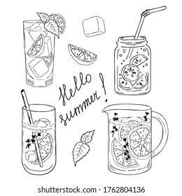 Hand drawn doodle sketch of alcoholic cocktails. Vector illustration of mojito cocktail with lime and mint ingredients. Design for decorating a restaurant menu, recipe, cards, labels.