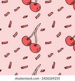 Hand drawn doodle sketch berry cherry seamless pattern. Vector illustration can used for wrapping paper, label, greeting card. Outline vector illustration for textile, fabric. 