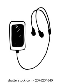 hand drawn doodle sketch black silhouette of a phone with headphones