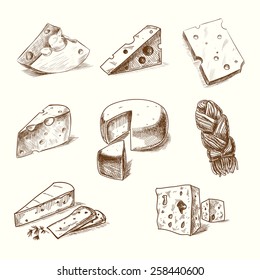 Hand drawn doodle sketch cheese with different types of cheeses in retro style stylized.