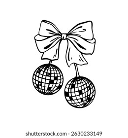 Hand drawn doodle sketch cherry glitter disco ball. Handwritting retro coquette vector illustation. Mirror dance hall sphere. Whimsical bow ribbon. Bachelorette party girly design element