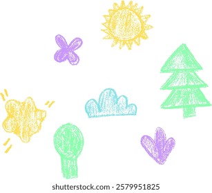 Hand drawn doodle sketch children cute. Colorful crayon drawings of trees, sun, clouds, watermelon and flowers isolated on white background. Vector illustration