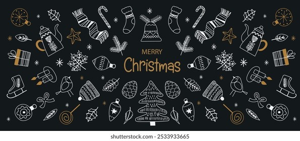 Hand drawn doodle sketch christmas elements. Holiday ornament, rustic wreath sketch doodle. Winter banner. Sketch art for holiday greetings cards. Black background, white and golden graphic.