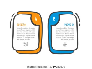 conceito de comparação de esboço de rabiscar desenhado à mão para banner de modelo infográfico com contêiner de caixa redonda vertical com camada de plano de fundo com vetor de informações de lista de dois pontos