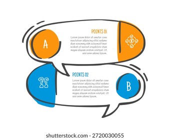 desenho à mão doodle esboço conceito de comparação para infográfico modelo banner com caixa de texto explicativo balão de fala empilhado na direção oposta com dois pontos lista vetor de informações