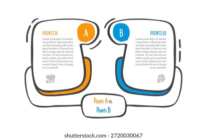 Dibujado a mano Doodle Sketch Concepto de comparación para infografía Anuncio de Plantilla con simple lado a lado caja contenedor con insignia circular en la parte superior con dos puntos lista información Vector