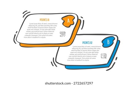 Dibujado a mano Doodle Sketch Comparación Concepto para infografía Anuncio de Plantilla con sesgo rectángulo Caja Capa lado a lado con dos puntos Lista Información Vector