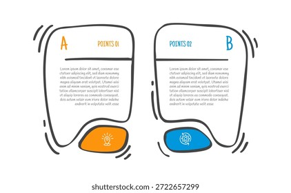 Dibujado a mano Doodle Sketch Concepto de comparación para infografía Plantilla Anuncio con Vertical Gran caja de burbujas de discurso con dos Vectores de información de lista de puntos