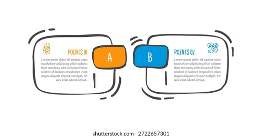 desenho à mão doodle esboço conceito de comparação para infográfico modelo banner com caixa redonda contêiner com emblema retângulo arredondado com dois pontos lista informação vetor