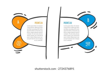 Dibujado a mano concepto de comparación de boceto de doodle para infografía Anuncio de Plantilla con caja de elipse con corte de rebanada en el divisor central con lista de dos puntos Información Vector