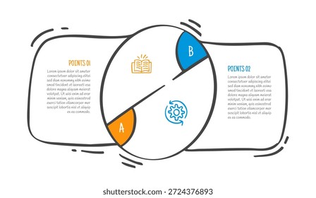 Dibujado a mano Doodle Sketch Concepto de comparación para infografía Anuncio de Plantilla con centro de círculo grande con inclinación línea centrada y rectángulo caja detrás con dos puntos lista Vector de información