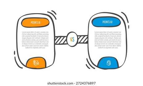 Dibujado a mano Doodle Sketch Concepto de comparación para infografía Anuncio de Plantilla con Vertical Caja de rectángulo redondo con insignia inferior con dos Vector de información de lista de puntos