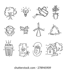 Hand Drawn Doodle Sketch Ecology Organic Icons Eco And Bio Elements Nature Planet Protection Care Recycling Save Concept.