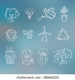 Hand drawn doodle sketch ecology organic icons eco and bio elements Blurred background Nature planet protection care recycling save concept.