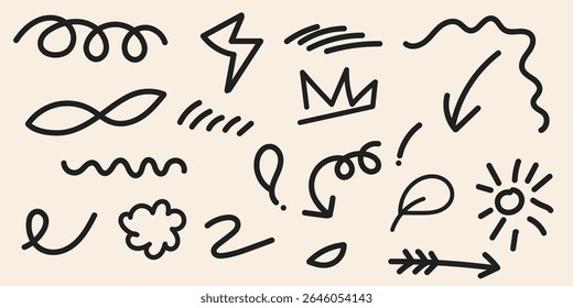 Hand drawn doodle sketch elements on light background. Abstract marker scribbles, arrows, symbols, squiggles, swirl and cartoon lines.
