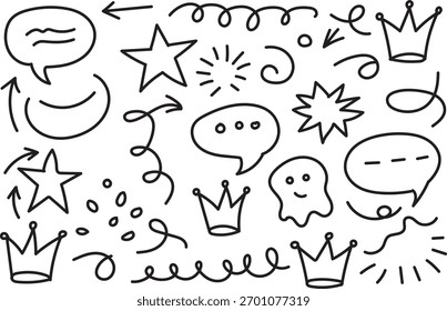 Dibujado a mano Doodle Sketch Elementos Vector Set Coronas Estrellas Flechas y divertidos iconos de dibujos animados