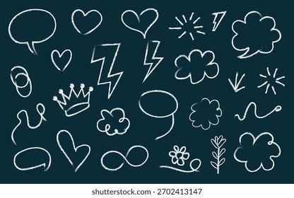 Hand Drawn Doodle Sketch Elements Set Icon on Dark Background.