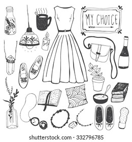 Hand drawn doodle sketch fashion illustration. Cute overlays for your blog posts photos.