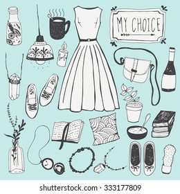 Hand drawn doodle sketch fashion  illustration. Cute overlays for your blog posts photos.