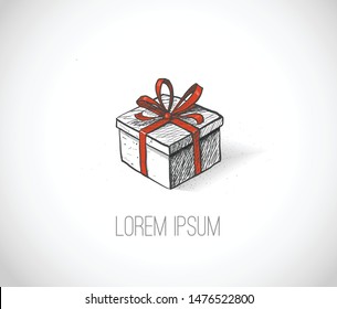 Hand drawn doodle sketch gift box with red ribbon on white background