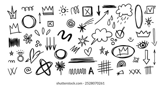 Hand drawn doodle sketch graffiti line art, crown, star, ring, diamond, approve, checkmark speech bubbles collection set.