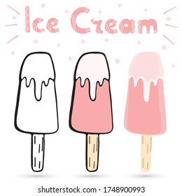Hand drawn doodle sketch of ice cream, eskimo with glaze. Sweet illustration isolated on white background. Lettering. Black outline and color. Vector icon for greeting card, coloring, recipe, sticker