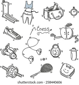 Hand drawn doodle sketch icons set fitness and sport concept healthy nutrition lifestyle, diet.