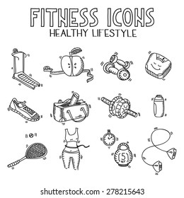 Hand Drawn Doodle Sketch Icons Set Fitness And Sport Concept Healthy Nutrition Lifestyle, Diet.