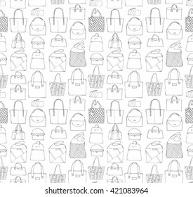 Hand drawn doodle sketch illustration seamless pattern of bags - case, handbag, Lady's bag, Clutch, sports bag vector coloring book