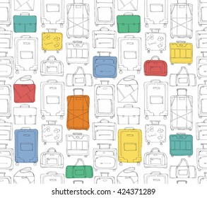 Hand drawn doodle sketch illustration seamless pattern of bags - baggage for travel, suitcase, case, handbag, portmanteau, Lady's bag, Clutch, Beach bag, sports bag colored vector