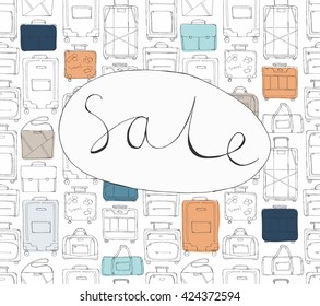 Hand drawn doodle sketch illustration seamless pattern of bags - baggage for travel, suitcase, case, handbag, Lady's bag, Clutch, Beach bag, sports bag lettering Sale blue, orange and beige vector