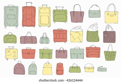 Hand drawn doodle sketch illustration set of bags - baggage for travel, suitcase, case, handbag, portmanteau, Lady's bag, Clutch, Beach bag, sports bag red, green, yellow colored vector