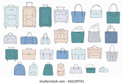 Hand drawn doodle sketch illustration set of bags - baggage for travel, suitcase, case, handbag, portmanteau, Lady's bag, Clutch, Beach bag, sports bag blue and beige colored vector