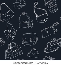 Hand drawn doodle sketch illustration seamless pattern bags - baggage for travel, suitcase, case, handbag Vector