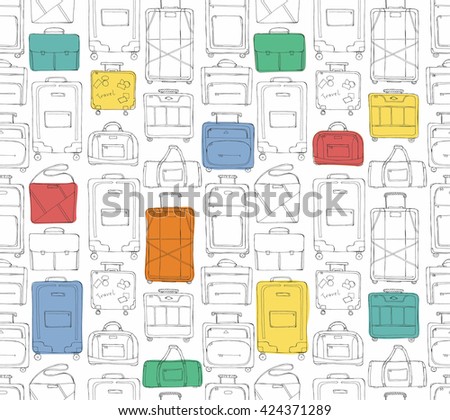Hand drawn doodle sketch illustration seamless pattern of bags - baggage for travel, suitcase, case, handbag, portmanteau, Lady's bag, Clutch, Beach bag, sports bag colored vector