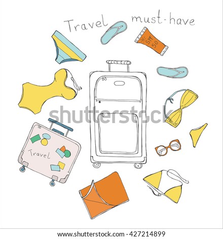 Hand drawn doodle sketch illustration set of travel must have set - suitcase, bikini, flip flops, sunglasses, towel, sunscreen with lettering Travel must have colored vector