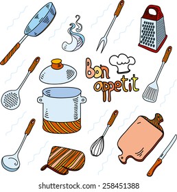Hand drawn doodle sketch kitchen utensils for cooking Bon Appetit