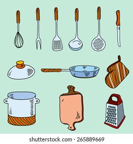 Hand drawn doodle sketch kitchen utensils for cooking Bon Appetit