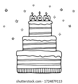 Hand drawn doodle sketch of large cake with three layers, burning candles in the shape of the word mom and stars. Lettering Mom. Vector concept for design card, invitation to celebrate Mother's Day.