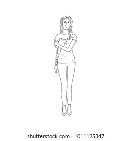 Hand Drawn Doodle Sketch Line Art Vector Illustration of Young Girl. Black Outline Logo Design Element.Template. Relationship Spain Catalonia Symbolic Conceptual Poster.