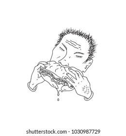 Hand Drawn Doodle Sketch Line Art Vector Caricature Illustration of Man Eating Biting Big Hamburger. Black Outline Design Element Template.