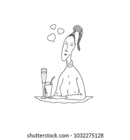 Hand Drawn Doodle Sketch Line Art Vector Illustration of Young Girl Sitting and Daydreaming in Cafe. Cocktail in Glass with Straw on Table. Black Outline Design Element Template.