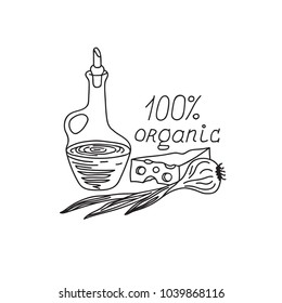 Hand Drawn Doodle Sketch Line Art Vector Illustration with Composition of Olive Oil Bottle Chunk of Cheese Scallion Bunch Onions. Organic Lettering. Black Outline Design Element Template.