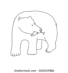 Hand Drawn Doodle Sketch Line Art Vector Illustration of Polar Bear Catching Fish. Cartoon Card Poster Banner Black Outline Design Element Template