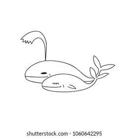 Hand Drawn Doodle Sketch Line Art Vector Illustration of Cute Whale Spouting Water And Adorable Shorthead. Emblem Poster Banner Black Outline Design Element Template
