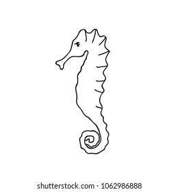 Hand Drawn Doodle Sketch Line Art Vector Illustration of Adorable Sea Horse. Emblem Poster Banner Black Outline Design Element Template