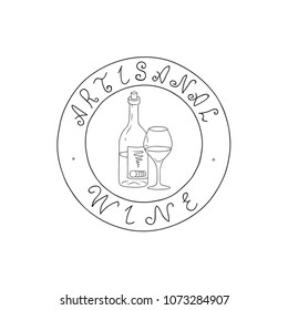 Hand Drawn Doodle Sketch Line Art Vector Illustration of Stamp with Bottle Wineglass and Artisanal Wine Lettering. Emblem Poster Banner Black Outline Design Element Template